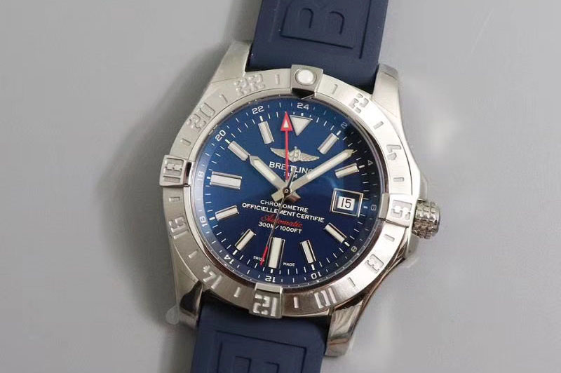 Breitling Avenger GMT SS GF 1:1 Best Edition Blue Dial Stick Markers on Blue rubber Strap A2836