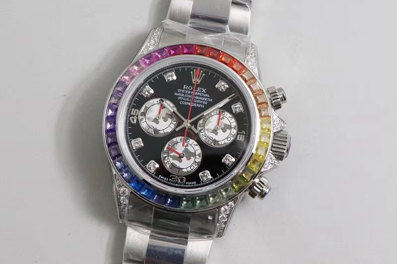 Rolex Daytona 116599 RBOW SS Rainbow Crystal JHF Best Edition Black Dial on SS Bracelet A4130