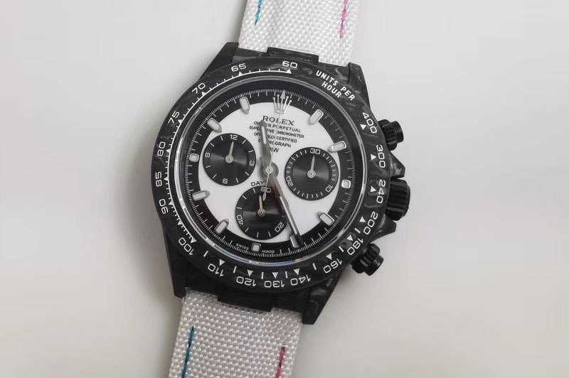 Rolex DiW NTPT Carbon Daytona White Dial & Black Counter White Fabric Strap Watches