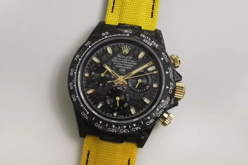 Rolex DiW NTPT Carbon Daytona Black Dial on Yellow Fabric Strap A7750 Watches