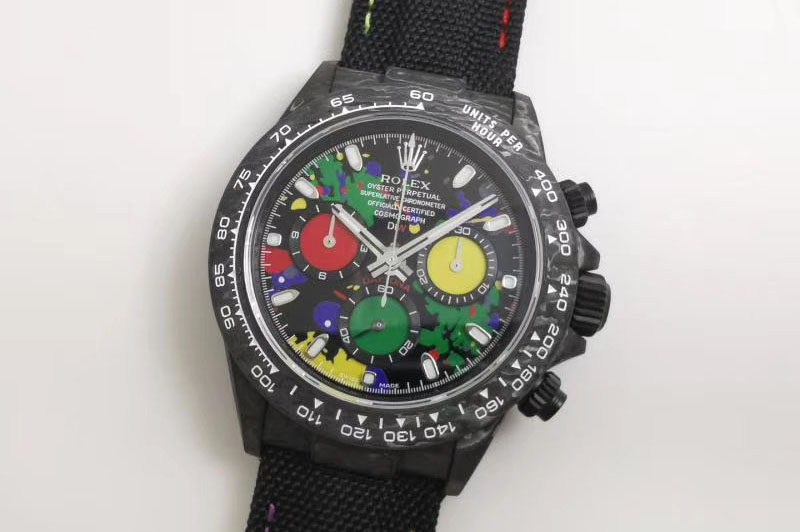Rolex DiW NTPT Carbon Daytona Multi-Color Dial & Counter Black Fabric Strap Watches