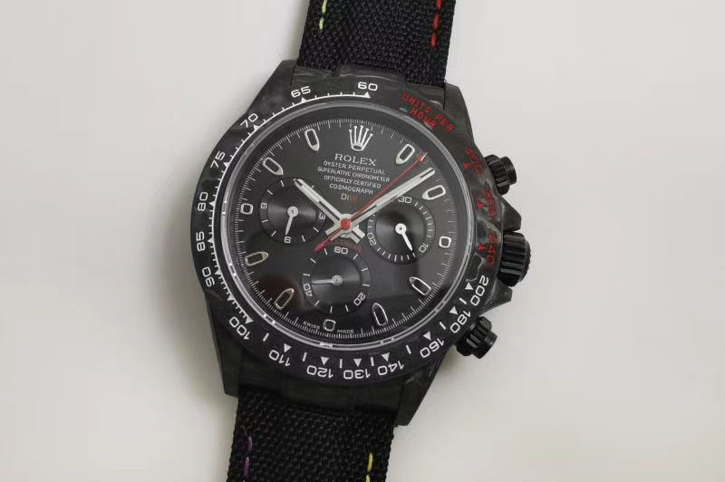 Rolex DiW NTPT Carbon Daytona Black Dial on Black Fabric Strap A7750 Watches
