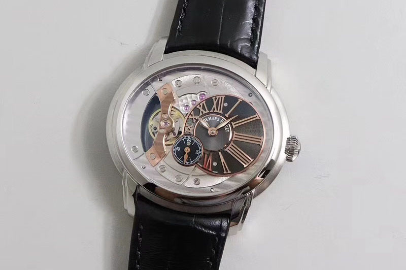 Audemars Piguet Millennium Series 15350 SS V9F 1:1 Best Edition Gray Skeleton Dial Brown Subdial on Black Leather Strap A4101