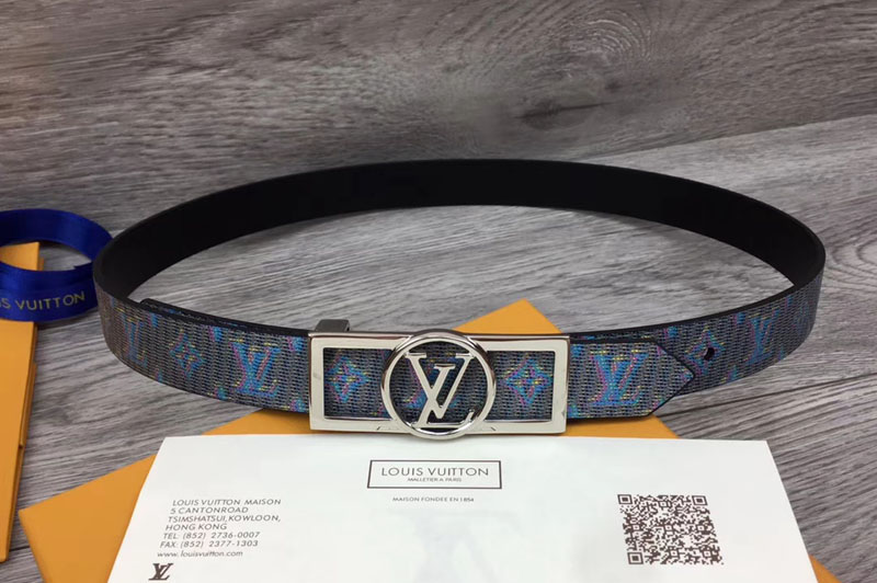 Louis Vuitton MP136W LV Dauphine 25mm Reversible belts Blue/Navy Blue Monogram LV POP Print Silver Buckle