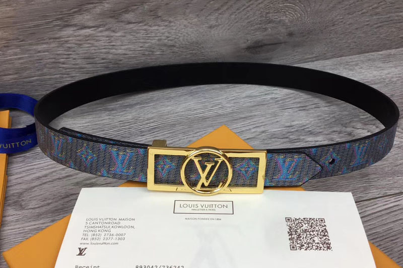 Louis Vuitton MP136W LV Dauphine 25mm Reversible belts Blue/Navy Blue Monogram LV POP Print Gold Buckle