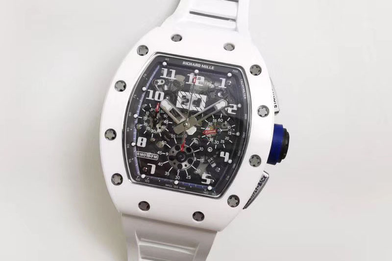 Richard Mille RM011 Real White Ceramic Chronograph KVF 1:1 Best Edition Crystal Skeleton Dial Blue on White Rubber Strap A7750