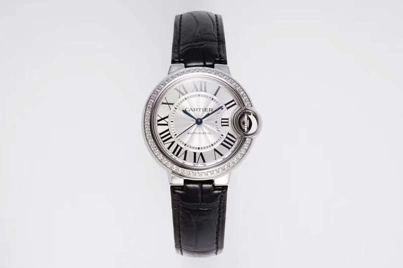 Cartier Ballon Bleu 33mm SS AF 1:1 Best Edition Diamond Bezel White Textured Dial on Black Leather Strap Cal.076