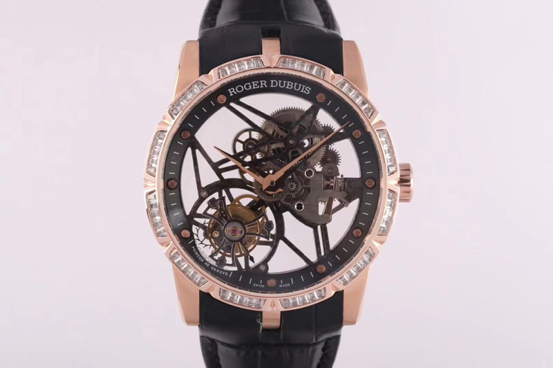 Roger Dubuis Excalibur Rddbex0392 RG BBR Best Edition Skeleton Dial Diamond Bezel on Black Leather Strap A2136 Tourbillon