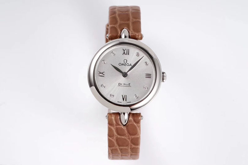 Ladies Omega 424.13.27.60.55.001 De Ville Prestige GS Best Edtion SS/LE MOP White Dial Brown Strap Swiss Quartz Watches