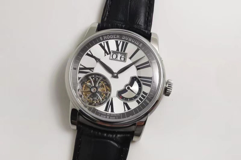 Roger Dubuis Hommage RDDBHO0568 Flying Tourbillon SS JBF White Dial on Black Leather Strap