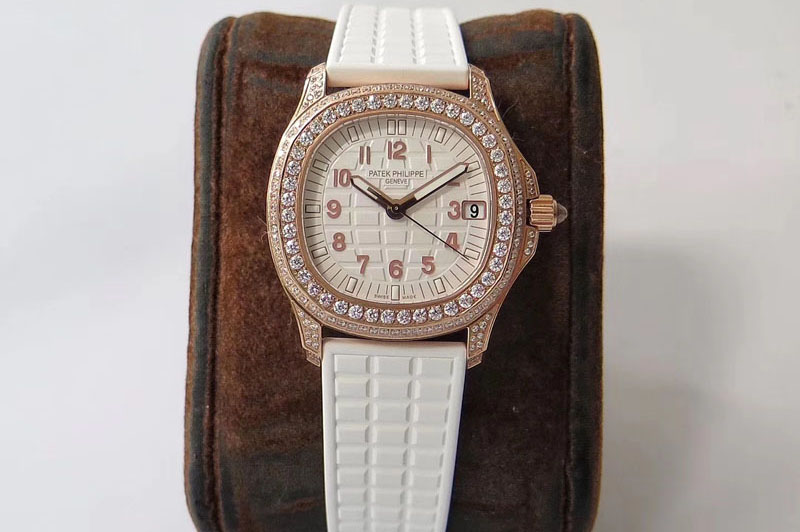 Patek Philippe Aquanaut 5068 RG Full Paved Diamonds PPF 1:1 Best Edition White Textured Dial on White Rubber Strap 324CS