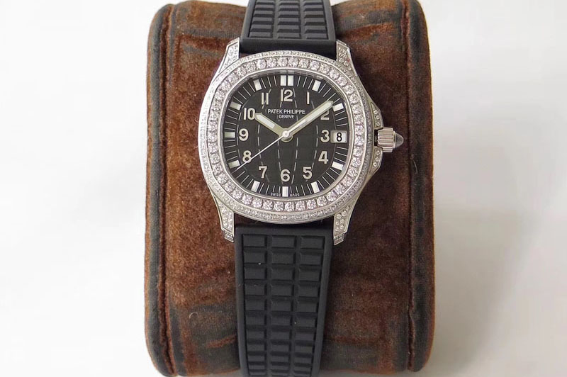 Patek Philippe Aquanaut 5068 SS Full Paved Diamonds PPF 1:1 Best Edition Black Textured Dial on Black Rubber Strap 324CS