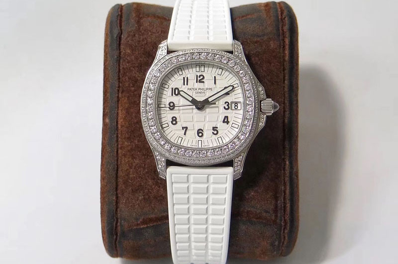 Patek Philippe Aquanaut 5068 SS Full Paved Diamonds PPF 1:1 Best Edition White Textured Dial on White Rubber Strap 324CS