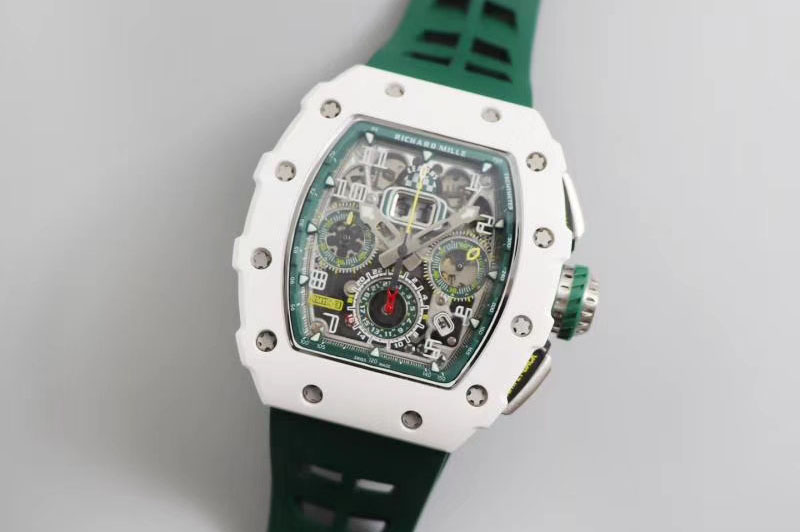 Richard Mille RM011 Real White Ceramic Chronograph KVF 1:1 Best Edition Crystal Skeleton Dial Green on Green Rubber Strap A7750