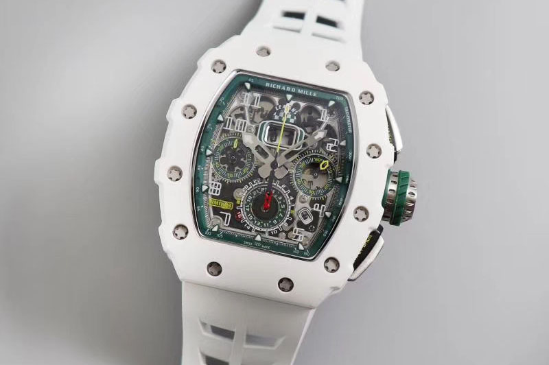 Richard Mille RM011 Real White Ceramic Chronograph KVF 1:1 Best Edition Crystal Skeleton Dial Green on Green Rubber Strap A7750
