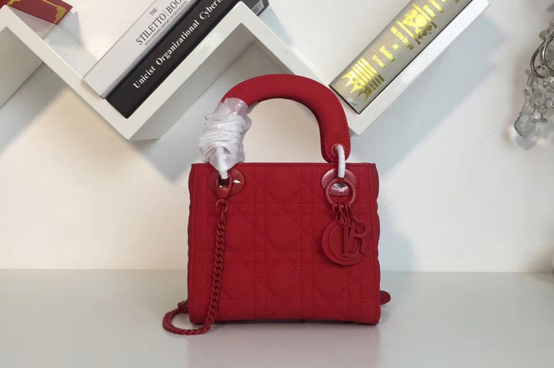 Mini Lady Dior flap Ultra-matte bag in Matte Red Cannage calfskin Leather