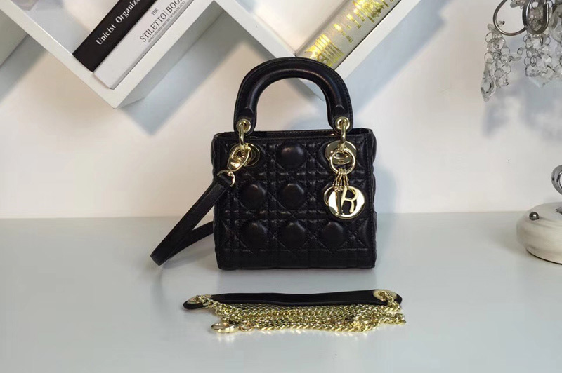 Mini Lady Dior bags With Chain in Black Pearly Cannage lambskin Leather