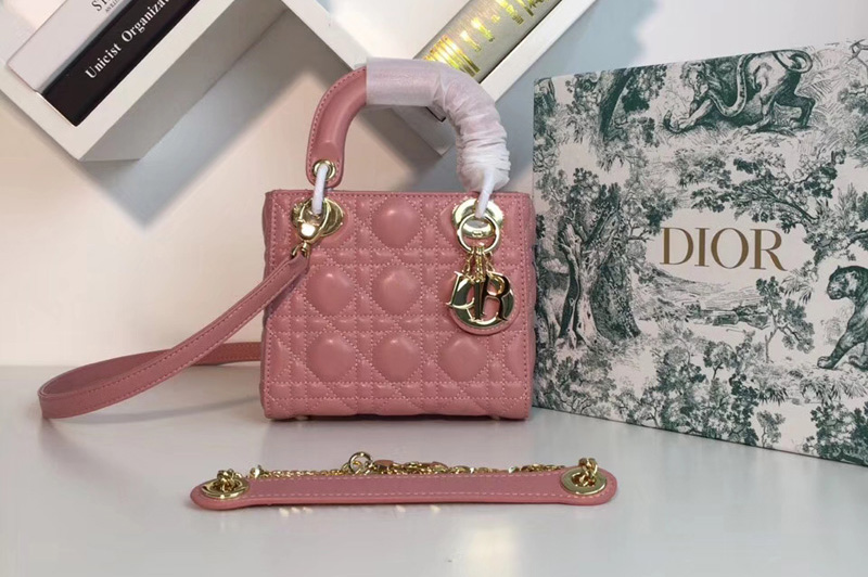 Mini Lady Dior bags With Gold Chain in Pink Pearly Cannage lambskin Leather