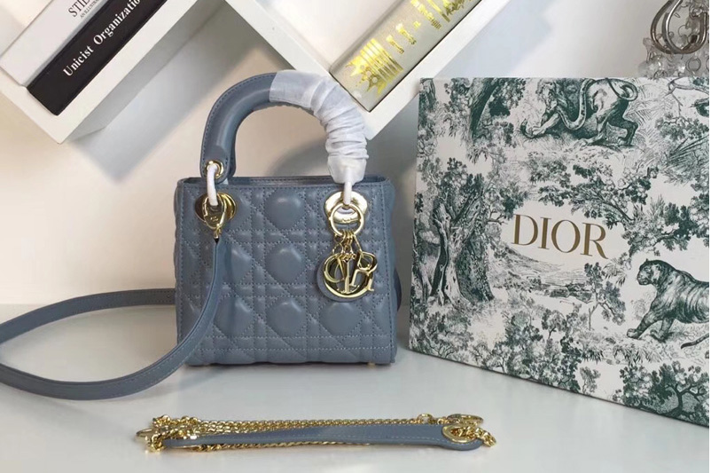 Mini Lady Dior bags With Chain in Blue Pearly Cannage lambskin Leather