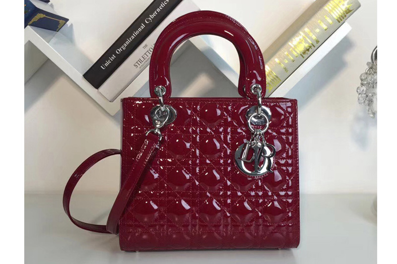Lady Dior M0565 Bags With Silver Hardware In Wine Patent Cannage Calfskin Leather