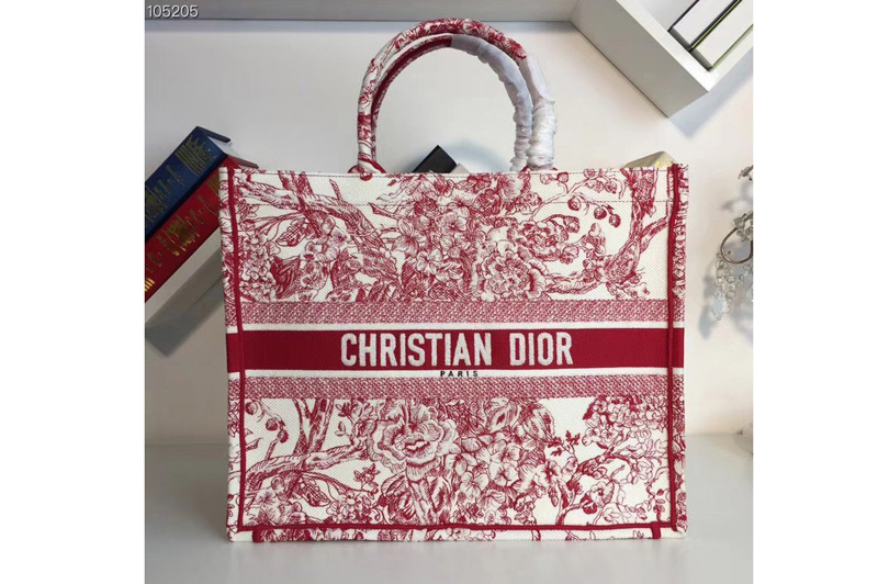 Dior M1286 Book Tote 42mm Bag in Red Flowers Embroidered canvas