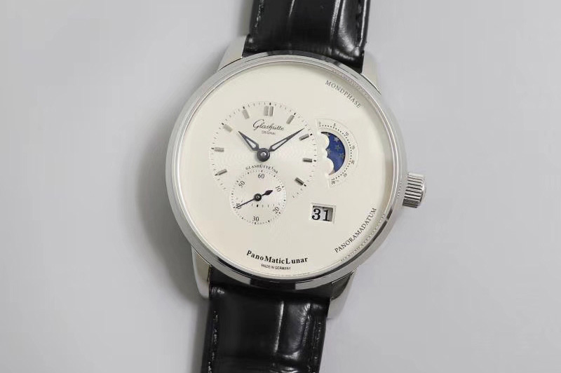 Glashutte PanoMaticLunar SS TZF White Dial on Black Leather Strap A23J