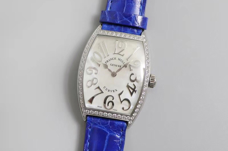 Franck Muller Casablanca SS Full Paved Diamonds Mop White Dial on Blue Leather Strap Swiss Quartz