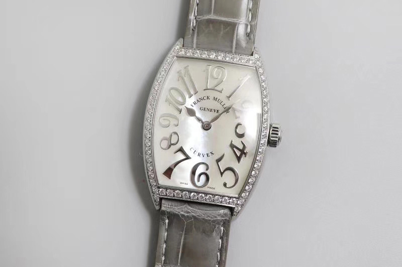 Franck Muller Casablanca SS Full Paved Diamonds Mop White Dial on Gray Leather Strap Swiss Quartz