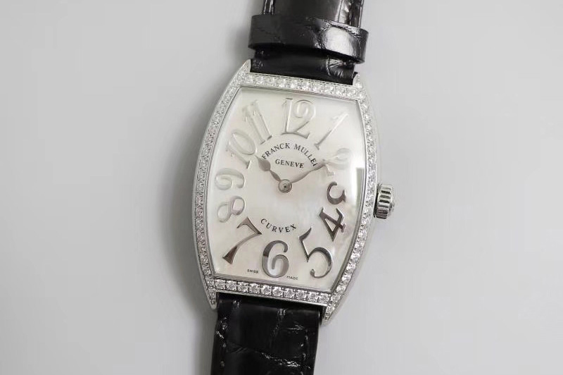 Franck Muller Casablanca SS Full Paved Diamonds Mop White Dial on Black Leather Strap Swiss Quartz