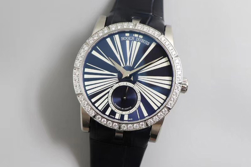 Roger Dubuis Excalibur 36mm SS PF 1:1 Best Edition Blue Dial Diamonds Bezel on Blue Leather Strap A830