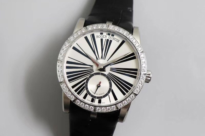 Roger Dubuis Excalibur 36mm SS PF 1:1 Best Edition White Dial Diamonds Bezel on Black Leather Strap A830