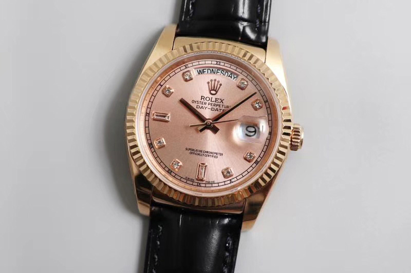 Rolex Day-date 36mm TR Best Edtion RG/LE Pink Dial Black Leather Strap A2836