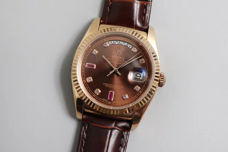 Rolex Day-date 36mm TR Best Edtion RG/LE Brown Dial Brown Leather Strap A2836
