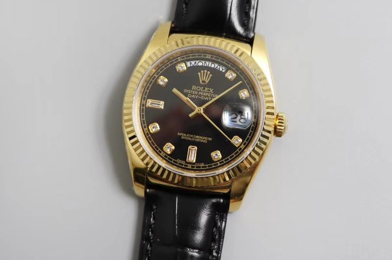 Rolex Day-date 36mm TR Best Edtion YG/LE Black Dial Brown Leather Strap A2836