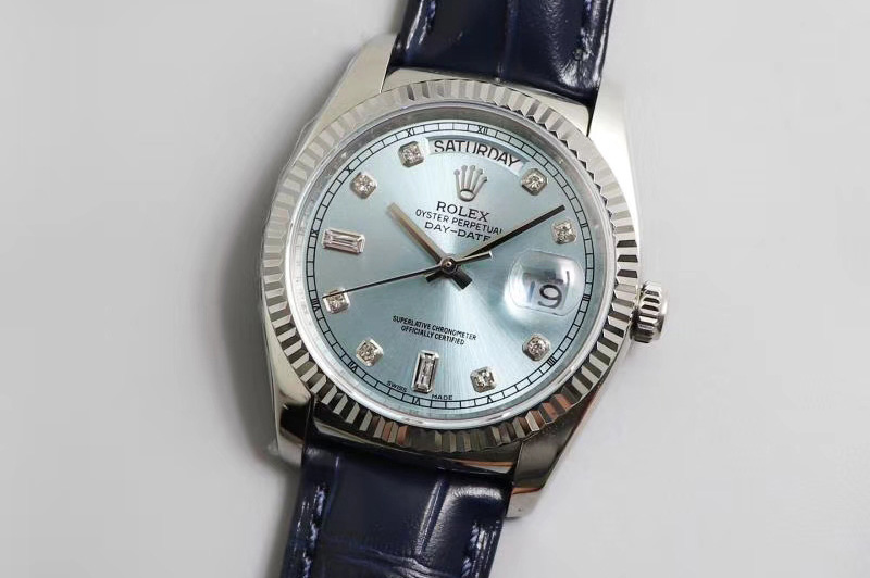 Rolex Day-date 36mm TR Best Edtion SS/LE Blue Dial Black Leather Strap A2836
