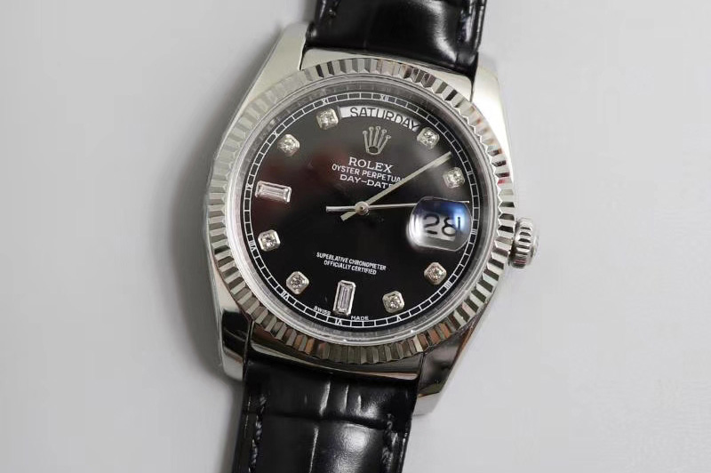 Rolex Day-date 36mm TR Best Edtion SS/LE Black Dial Black Leather Strap A2836
