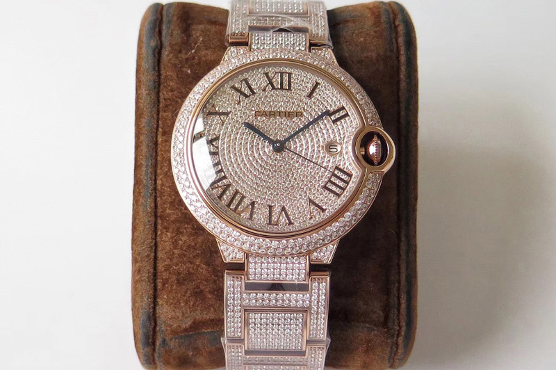 Cartier Ballon Bleu 42mm RG Full Paved Diamonds Dial on Diamonds Paved Bracelet MIYOTA 9015