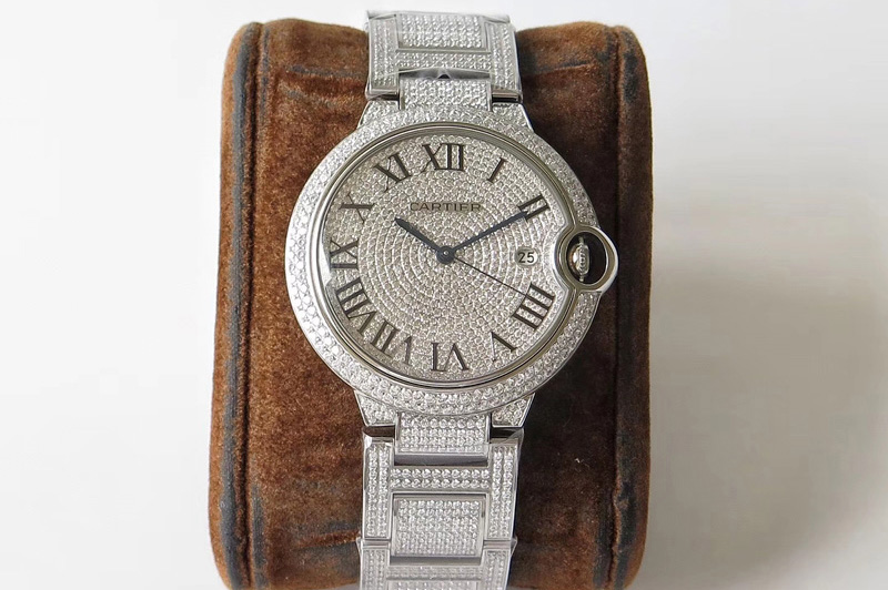 Cartier Ballon Bleu 42mm SS Full Paved Diamonds Dial on Diamonds Paved Bracelet MIYOTA 9015