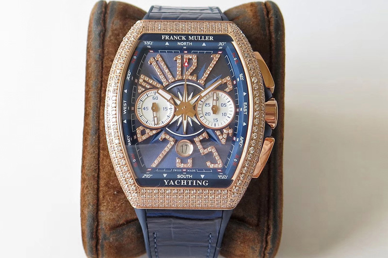 Franck Muller Vanguard V45 Chrono RG Full Diamonds OXF Best Edition Blue Textured Dial on Blue Gummy Strap A7750