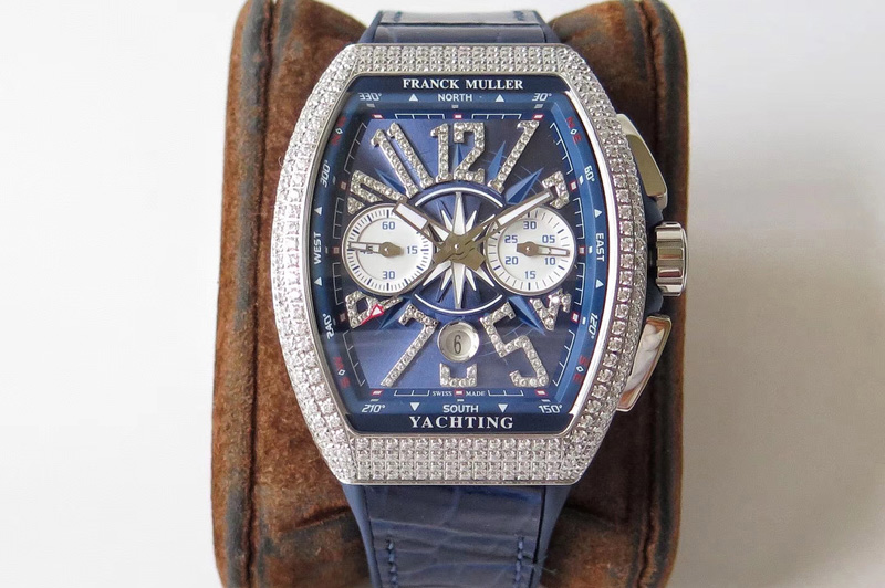 Franck Muller Vanguard V45 Chrono SS Full Diamonds OXF Best Edition Blue Textured Dial on Blue Gummy Strap A7750