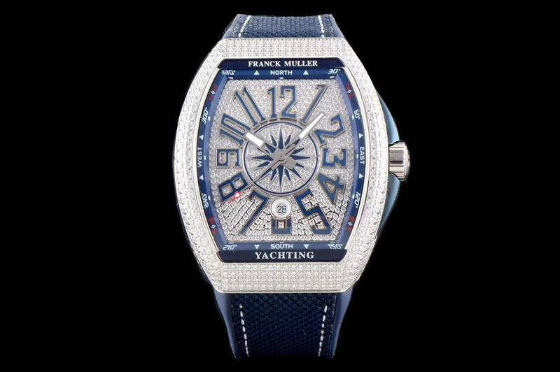 Franck Muller Vanguard V45 SS Full Paved Diamonds OXF Full Diamonds Dial on Blue Gummy Strap A2824