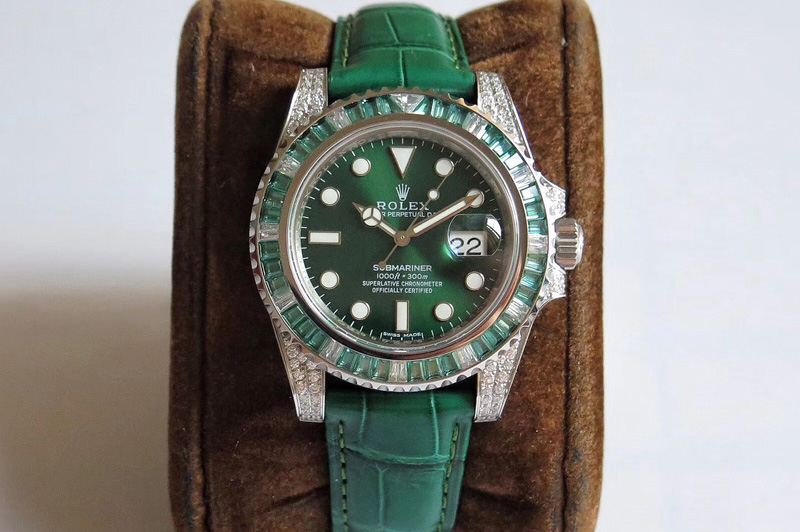 Rolex Submariner 116610 LV Green Diamonds Bezel Noob 1:1 Best Edition 904L SS And Green Leather Strap SA3135
