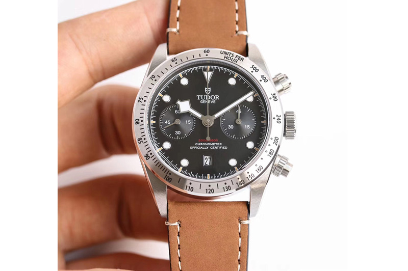 Tudor Heritage 79530 SS Silver Bezel Best Edition Black Dial on Leather Strap A7750