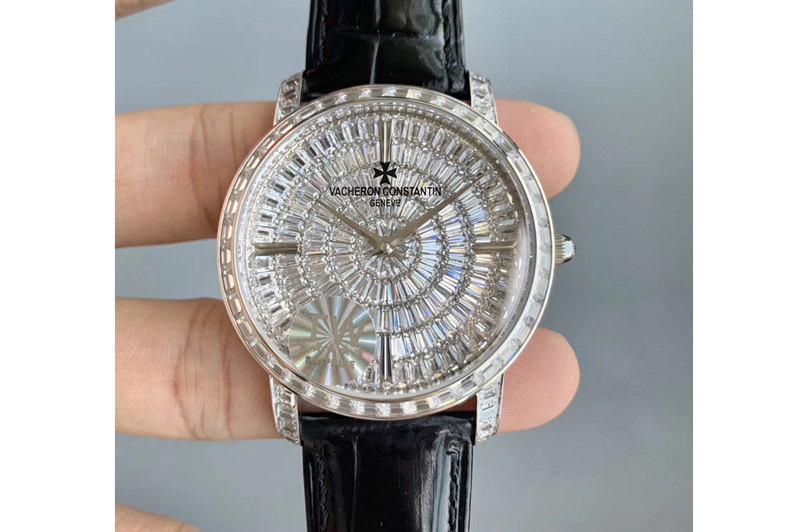 Vacheron Constantin Patrimony 82760 40mm SS Full Diamonds Bezel Diamonds Dial on Black Leather Strap MIYOTA 9015