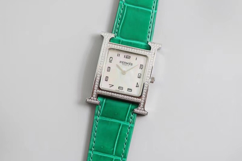 Hermes Heure H Ladies SS Z6 1:1 Best Edition Diamond Bezel White Dial On Green Leather Strap Swiss Quartz