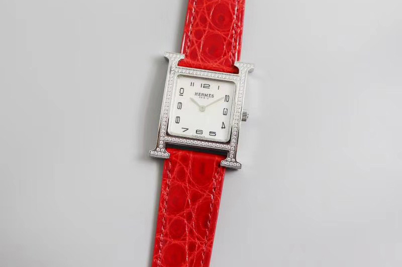 Hermes Heure H Ladies SS Z6 1:1 Best Edition Diamond Bezel White Dial On Red Leather Strap Swiss Quartz