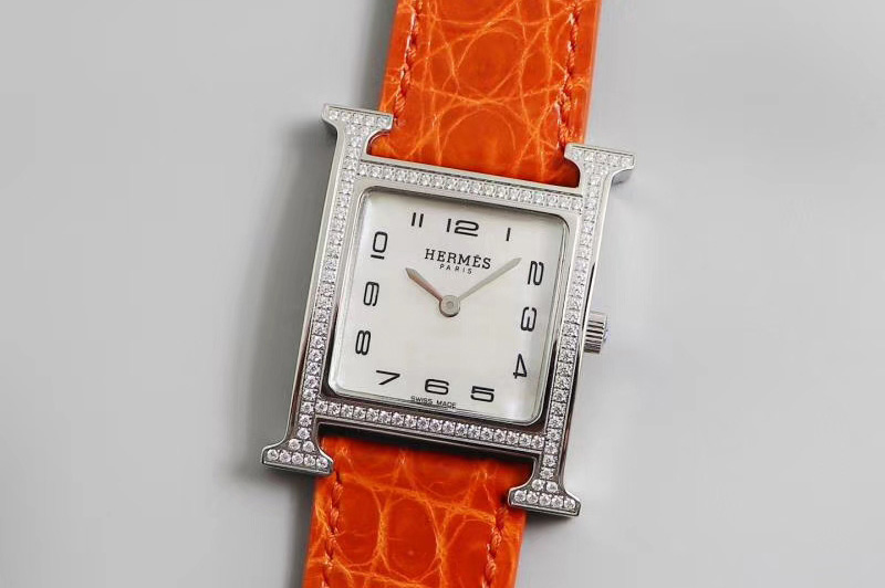 Hermes Heure H Ladies SS Z6 1:1 Best Edition Diamond Bezel White Dial On Orange Leather Strap Swiss Quartz