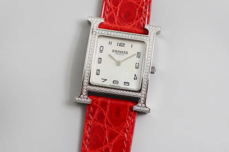 Hermes Heure H Ladies SS Z6 1:1 Best Edition Diamond Bezel White Dial On Red Leather Strap Swiss Quartz