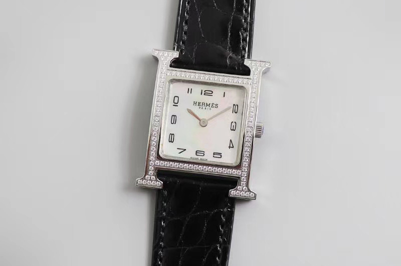 Hermes Heure H Ladies SS Z6 1:1 Best Edition Diamond Bezel White Dial On Black Leather Strap Swiss Quartz