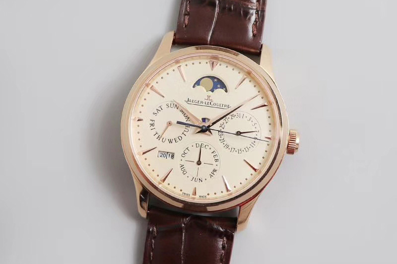 Jaeger-LeCoultre Master Ultra Thin Perpetual Calendar RG V9F 1:1 Best Edition White Dial on Brown Leather Strap A868